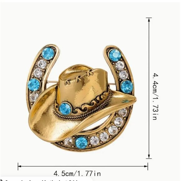 Cowgirl Western Brooch Gold Tone Hat Horseshoe Lucky Turquoise Crystals - Picture 2 of 2